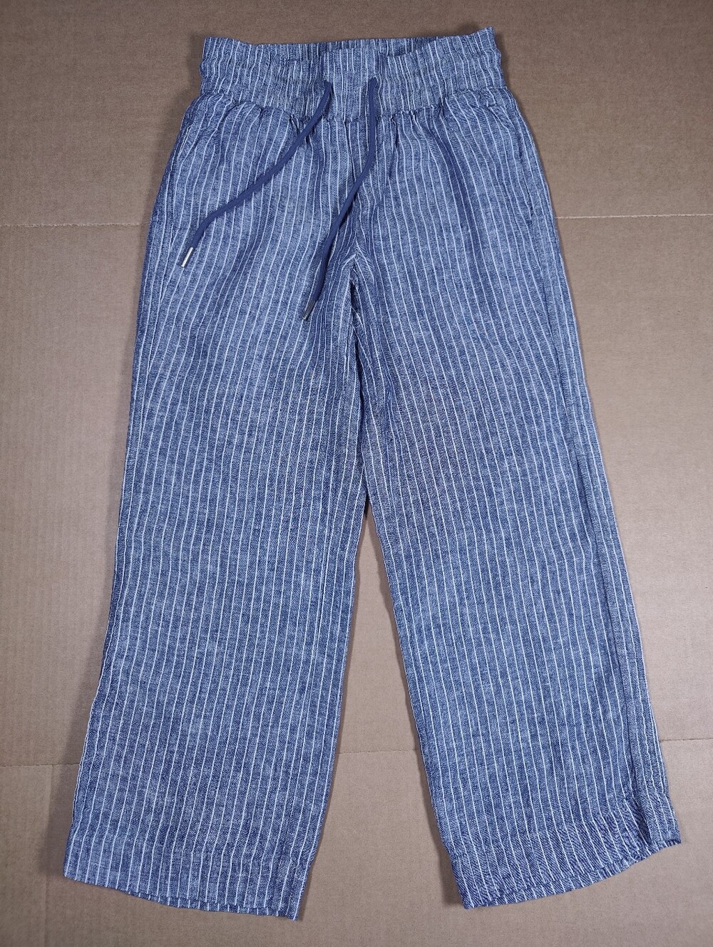 Quince 100% Linen Wide Leg Blue White Pinstripe Drawstring Waist Pants Size XS